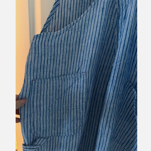 FAHERTY Linen Topsail Railroad Blue Stripe Mechanic Overalls Straight Leg Large - Picture 9 of 14
